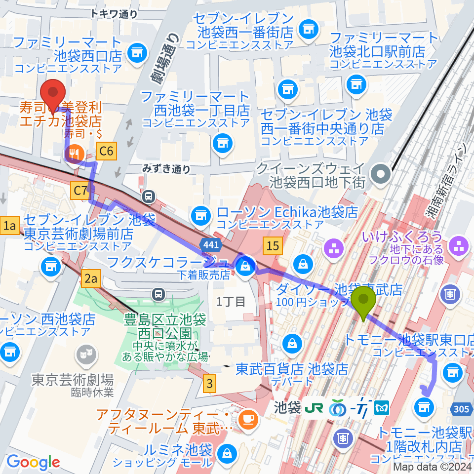 池袋BlackHoleの最寄駅池袋駅からの徒歩ルート（約6分） - MDATA